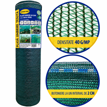 Plasa umbrire 40 g/mp, 1.5 x 100 m, verde
